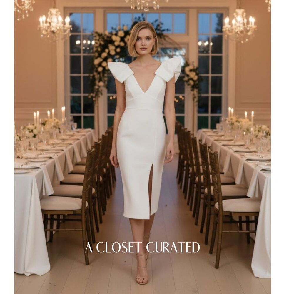 Rebecca Vallance Puff Sleeve V Neck Midi Dress 6 White NWT